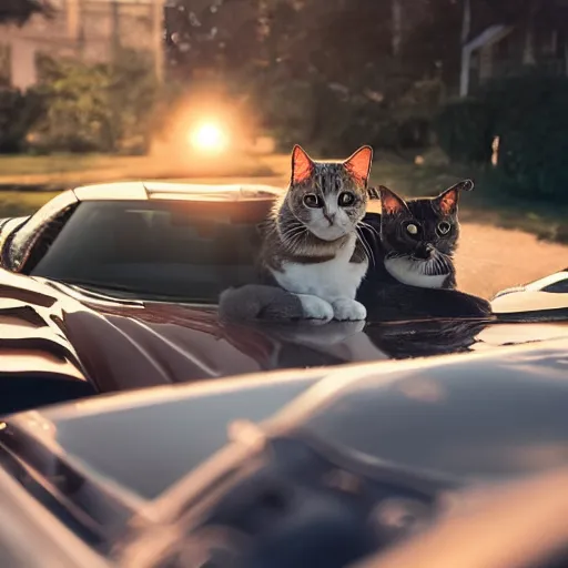 Prompt: corvette with cats sitting in and on the car, cinematic, golden hour, shadows, wide shot