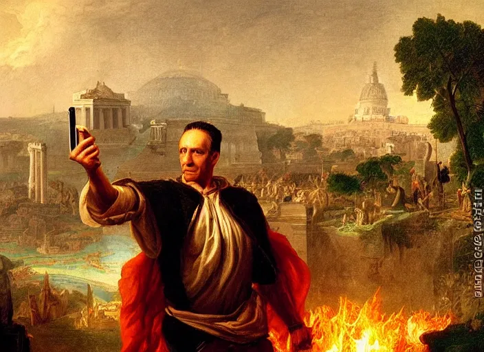 Image similar to julius caesar taking a selfie with an iphone as rome burns behind him by thomas cole and wlop