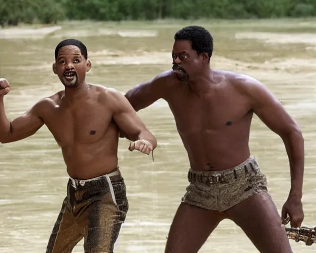 Image similar to will smith fighting with chris rock at muddy pool in trunks 4k