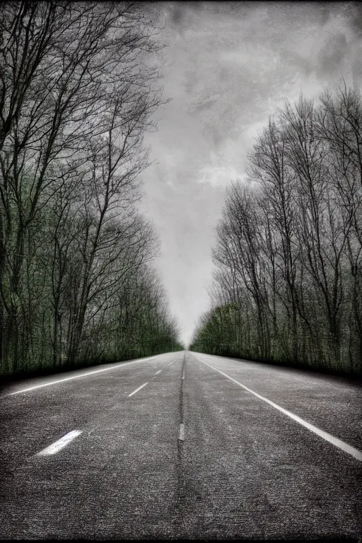 Prompt: walking down a single lane highway in a dream, tonemapped, photorealistic