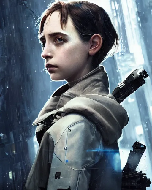 Image similar to maya hawke as cyberpunk agent, scifi character portrait by greg rutkowski, esuthio, craig mullins, 1 / 4 headshot, cinematic lighting, dystopian scifi gear, gloomy, profile picture, mechanical, half robot, implants, steampunk