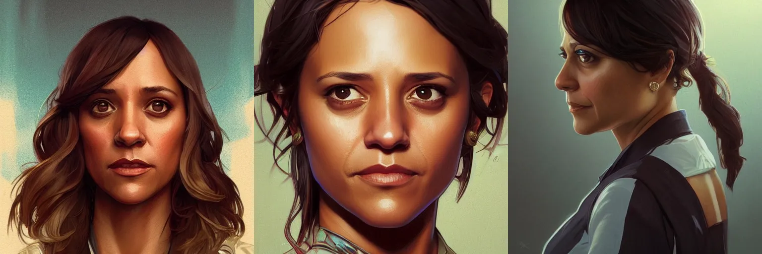 Prompt: portrait of Rashida Jones as a detective, highly detailed, digital painting, artstation, concept art, sharp focus, illustration, art by artgerm and greg rutkowski and alphonse mucha