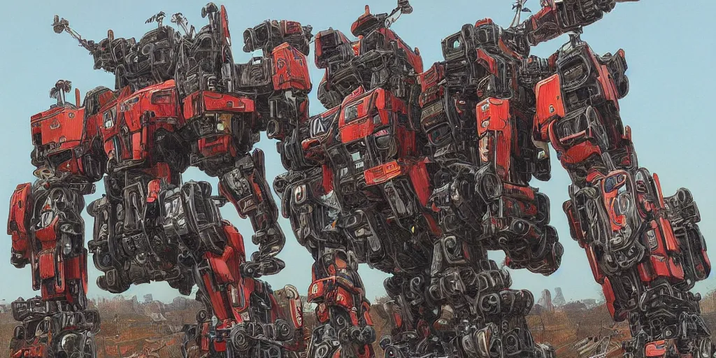 Image similar to Highly detailed painting of a large battle mech equipped with many chainsaws by moebius