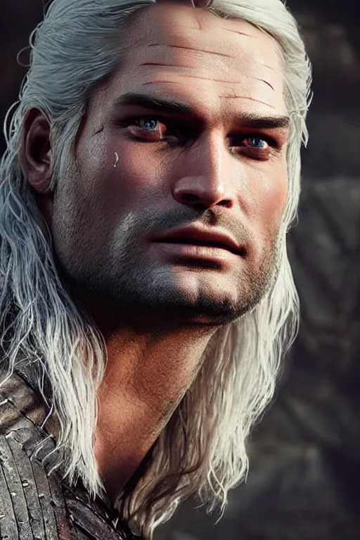 Image similar to the witcher, josh holloway face!!!, masterpiece, white hair, highly detailed face, ultra realistic, concept art, intricate details, highly detailed, photorealistic, octane render, 8 k, unreal engine. horror film still, heavy grain, 3 5 mm, art by artgerm and greg rutkowski and alphonse mucha