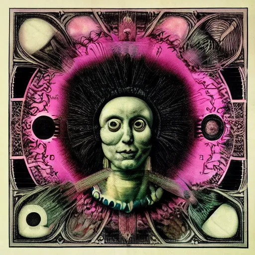 Image similar to post - punk new age album cover, asymmetrical design, dollar bank notes, capitalism, magic, apocalypse, psychedelic, black white pink, magic, giger h. r., giuseppe arcimboldo, peder aalto