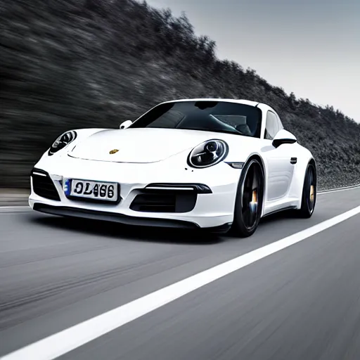 Image similar to “white 2018 porsche 911 racing down a highway, golden hour photograph, car photography, 4k professional photo”