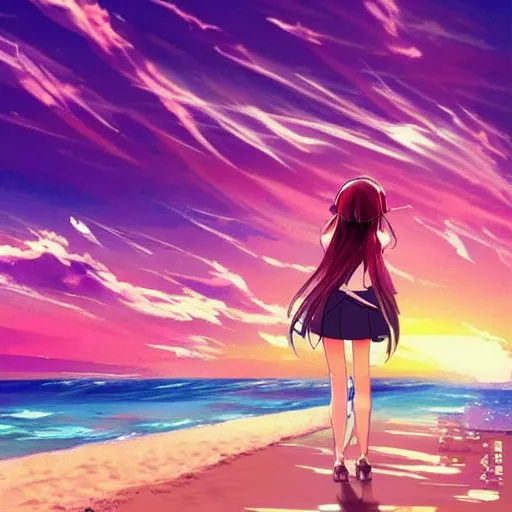 Prompt: Beautiful woman walking on a beach, anime art style inspired, high quality, trending, sunset