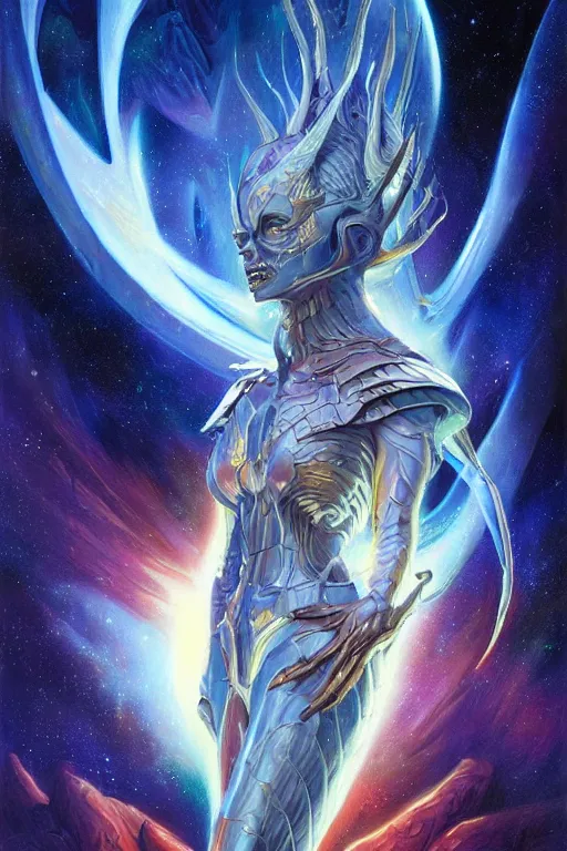 Image similar to beautiful oil painting with high detail of a interstellar demon made of stars and plasma, hybrid from dungeons and dragons and art direction by James Cameron ;by artgerm; wayne reynolds art station; Drew Struzan movie poster. cinematic quality character render; low angle; ultra high quality model; production quality cinema model;