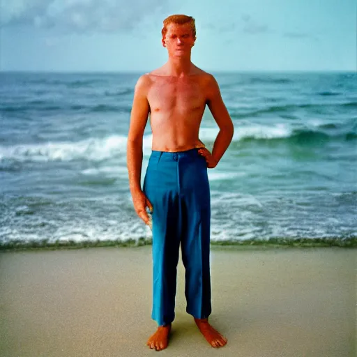 Prompt: portrait photography of a beautiful ginger model with bright blue eyes standing in front of ocean, Joel Meyerowitz, 35mm, kodak film photo