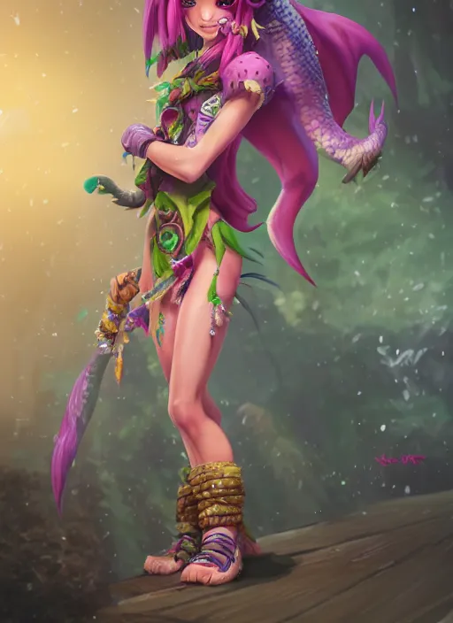 Prompt: neeko the dragon - tailed girl, from league of legends, au naturel, hyper detailed, dragon tailed, digital art, trending in artstation, cinematic lighting, studio quality, smooth render, unreal engine 5 rendered, octane rendered, art style by klimt and nixeu and ian sprigger and wlop and krenz cushart