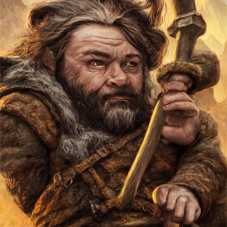 Image similar to dwarf with hammer in mountains, lord of the rings style, fantasy, poster, character portrait, portrait, close up, concept art, intricate details, highly detailed, full body, 8 k, detailed face, body