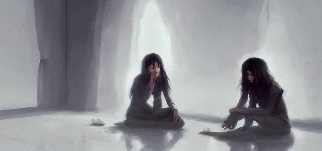 Prompt: Young Himalayan woman sitting concerned in an empty room with loneliness using psychic powers to make a lighter float| night time scene, plain walls |somber white eyes, long messy hair | gentle lighting, futuristic, dim lighting, digital art by Makoto Shinkai ilya kuvshinov and Wojtek Fus, digital art, concept art,