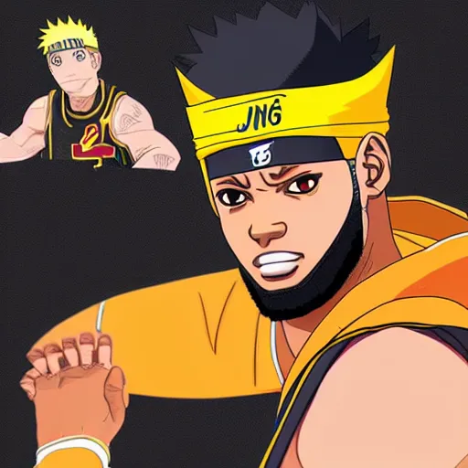Image similar to Lebron James cosplay as Naruto, detailed digital art