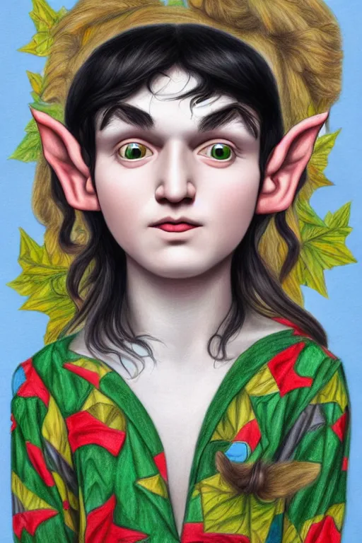 Image similar to multicolor drawing of elf boy with long black hair by mark ryden created at modern world in 4 k ultra high resolution