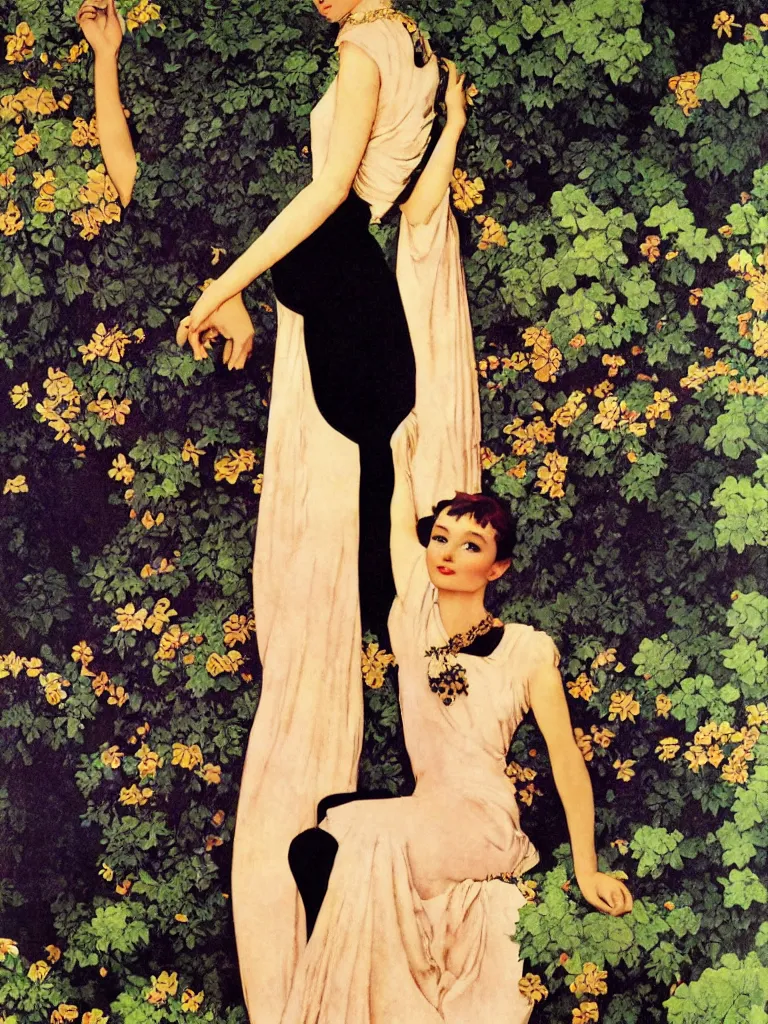 Image similar to Audrey Hepburn in Breakfast at Tiffany's by Maxfield Parrish, Art Nouveau