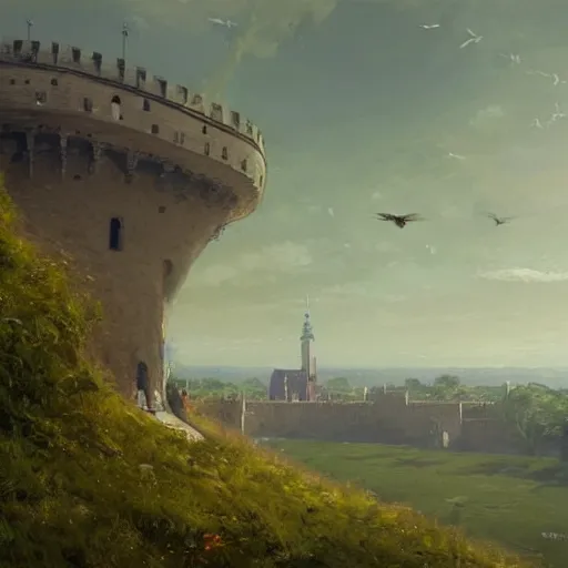 Image similar to greg rutkowski painting of an island flying in the air above a barren wasteland, on the island there is a cracow wawel castle and a lot of green vegetation, beautiful, detailed