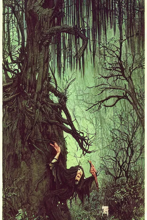 Image similar to a horrible ugly evil witch baba yaga in the forest, by lawrence alma tadema and zdzislaw beksinski and norman rockwell and jack kirby and tom lovell and greg staples