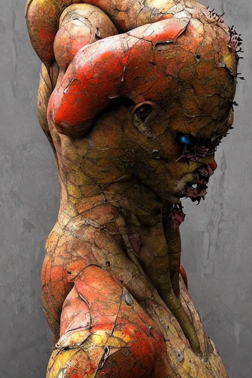 Image similar to realistic detailed statue full body of the vallyrian golem made with marble and with stained rust golden wings, cracked body full of scars, made by Karol Bak, Mark Brooks and Bernini. Rich colors. Beksinski and painting. Masterpiece