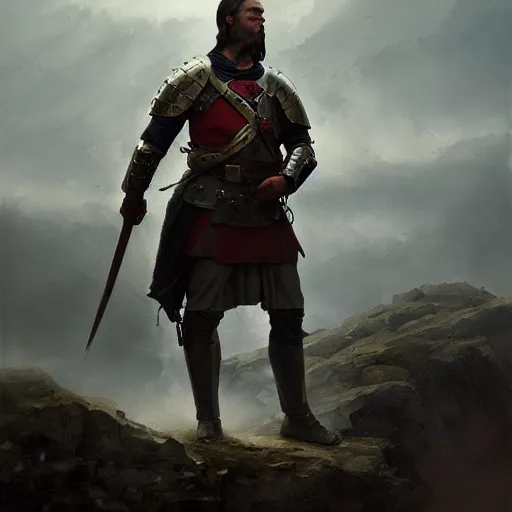 Image similar to a dramatic epic ethereal portrait of a medieval soldier, full body with dynamic pose, male, detailed face, cinematic lighting, highly detailed oil on canvas painting by Greg Rutkowski, winning-award digital art trending on Artstation H 1024 W 832