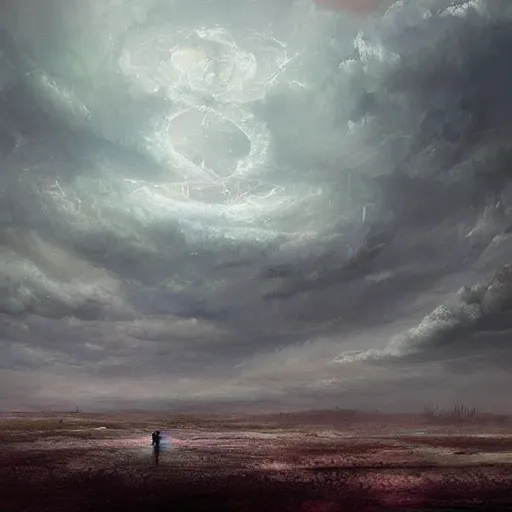 Prompt: Single blue magical flower growing on an ashen field, apocalyptik city, clouded sky, oil painting, by Greg Rutkowski