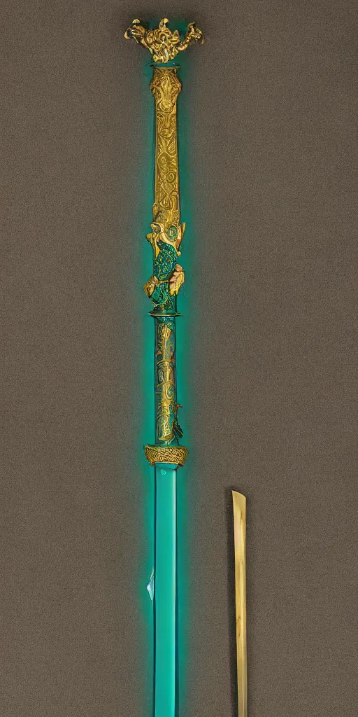 Image similar to photograph of a large green and teal crystal sword with a gold sword hilt