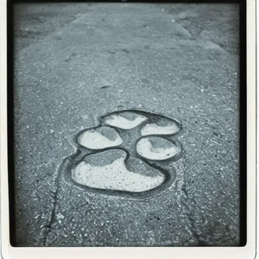 Image similar to wide-shot very low-angle eyesight first-person!! cat's paw prints on fresh cement at the street, polaroid photo, by Andy Warhol