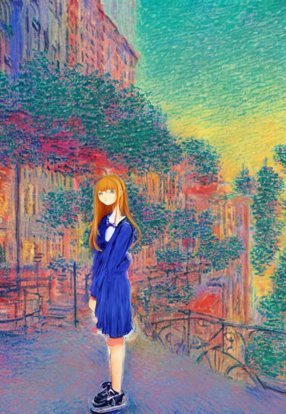 Image similar to wide angle portrait of a teenage girl, a thrifty outfit, somewhat of an anime in impressionist style, city street view background, starlit night sky, trending artwork, illustrated in anime painter studio, by claude monet