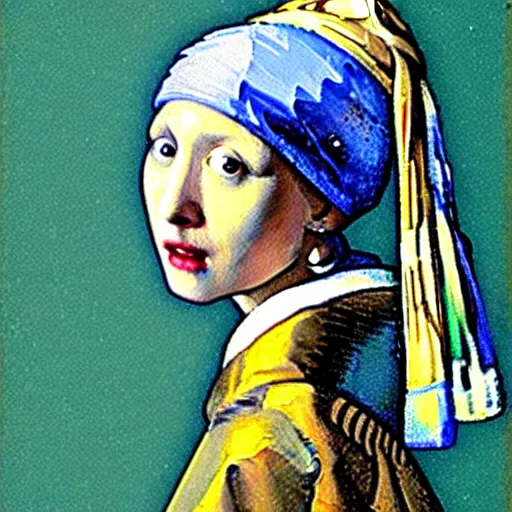 Image similar to girl with a pearl earring, in the style of the starry night by van gogh