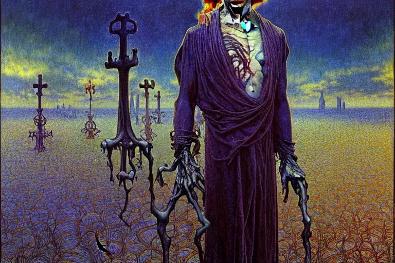 Prompt: realistic detailed portrait painting of a male zombie, nightly graveyard landscape background by Jean Delville, Amano, Yves Tanguy, Alphonse Mucha, Ernst Haeckel, Edward Robert Hughes, Roger Dean, rich moody colours, blue eyes