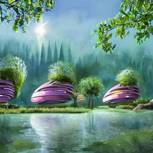 Image similar to beautiful happy picturesque charming sci - fi modular organic pod - like homes of the future in a beautiful natural scene. water, trees and rocks. beautiful light. soft colour scheme. beautiful artistic detailed watercolor by lurid. ( 2 0 2 2 )