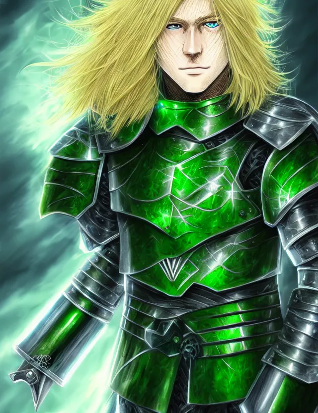 Image similar to a detailed manga portrait of a long haired blonde man with blue eyes in green armour glowing with green energy, trending on artstation, digital art, 4 k resolution, detailed, high quality, sharp focus, hq artwork, coherent, insane detail, character portrait