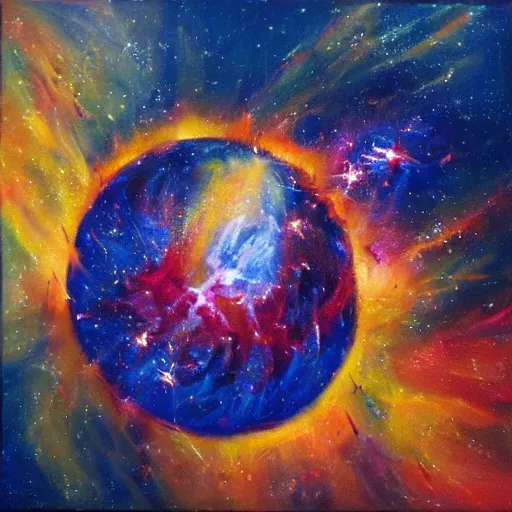 Image similar to an expressive oil painting of a basketball player dunking, depicted as an explosion of a nebula