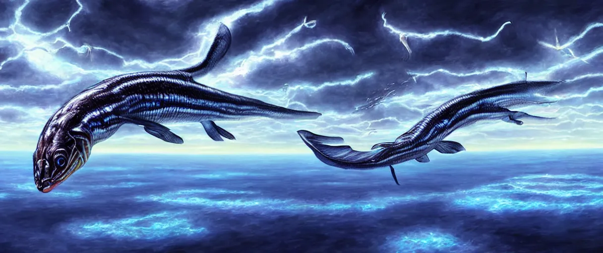 Prompt: hyperrealistic very detailed sloane’s viperfish swimming through puffy clouds above dystopian city digital painting concept art salvador dali alex grey cinematic soft glow lighting high angle hd 8k sharp shallow depth of field