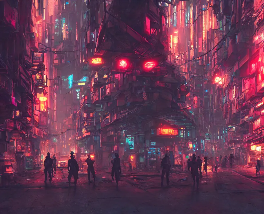 Prompt: close wide angle shot of a matte painting environment design of dystopian cyberpunk alley with neon lights, people on the streets being monitored by flying drones, artstation, design by dreadjim, eddie mendoza, james paick, ultra realistic, volumetric lighting, 4k, octane render