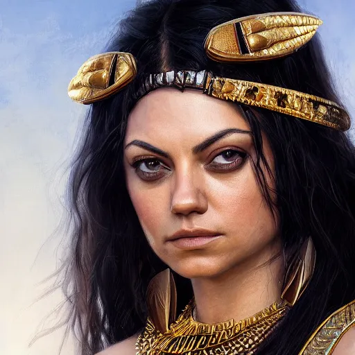 Prompt: closeup portrait of a mila kunis leigh as cleopatra, palace background, dramatic light, gorgeous view, depth, high detail, digital art, painted by greg rutkowski, trending on artstation