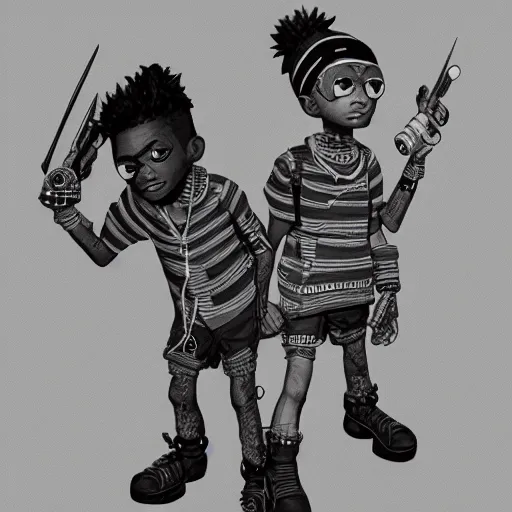 Prompt: rpg character concept art, twin brothers being cute and gangsta, intricate detail, in the style of jamie hewlett killian eng kawase hasui riyoko ikeda, 3 d render, artstation trending, 8 k, octane render, photorealistic, sharp detail, manga, black and white