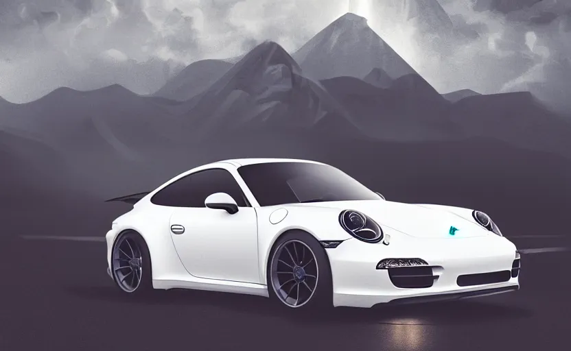 Prompt: a white Porsche 911 in the mountain at night by Khyzyl Saleem, cyan headlights, night time, lightning, heavy storm, atmospheric, artstation, concept art, illustration, sharp focus, high detail, octane render, cyberpunk, intimidating