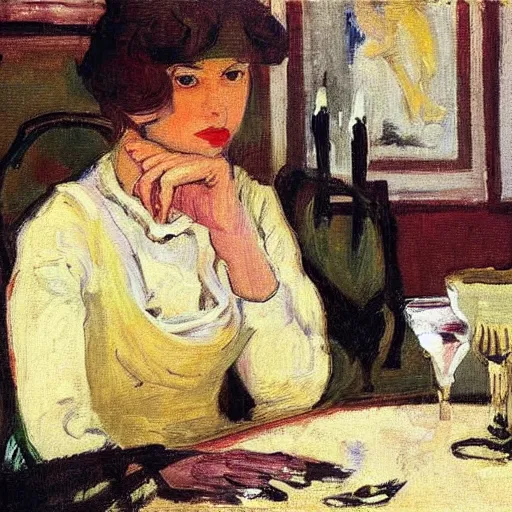 Prompt: a young beautiful lady is sitting at the table, in style of Valentin Serov,