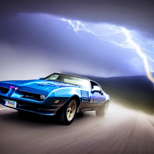 Image similar to pontiac firebird trans - am driving towards the camera, norway mountains, cinematic, motionblur, volumetric lighting, foggy, wide shot, low angle, large lightning storm, thunder storm, tornado