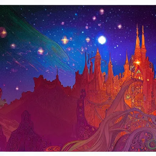 Prompt: a beautiful highly detailed digital art of colorful castle nebulas by, moebius, alphonse mucha, stars in the background, highly detailed, intricate design, cinematic view, 8 k resolution, trending on artstation