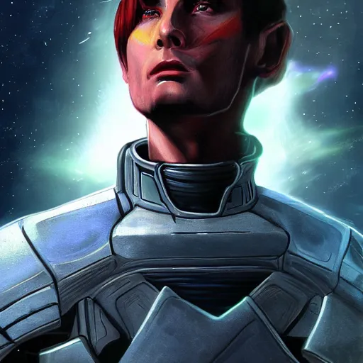 Image similar to Commander Shepard with a beautiful galaxy behind him, fantasy art,