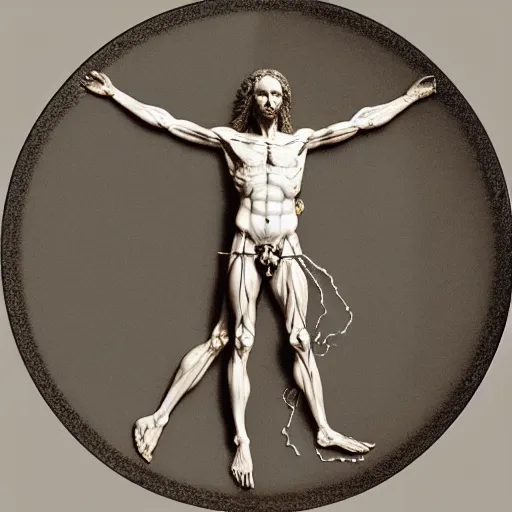 Image similar to Da Vinci's Vitruvian Man as a marble sculpture by Michelangelo, 4k, hyperrealistic, detailed, accurate anatomy, four legs, four arms, octane render, studio lighting