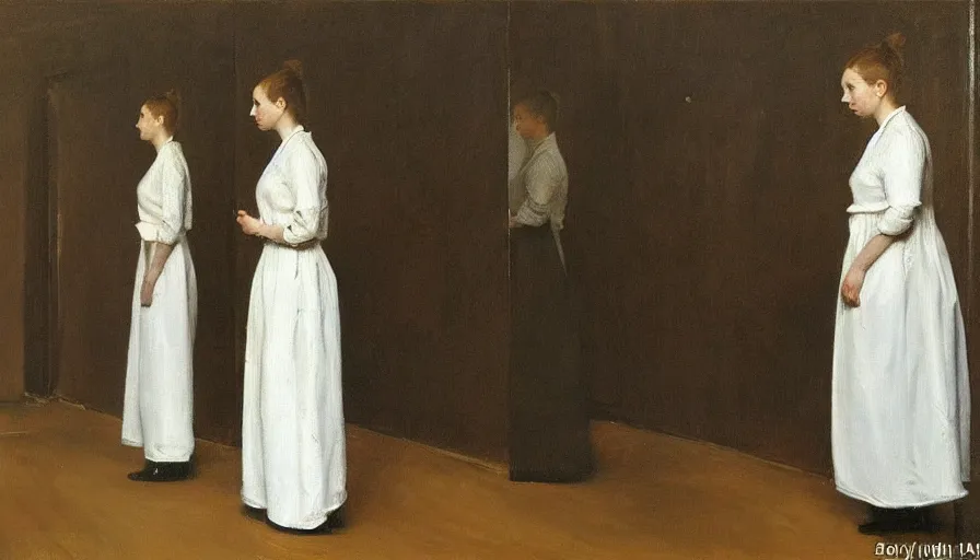 Image similar to painting by borremans, queen in a hall with mirrors on the walls, detailed, stunning