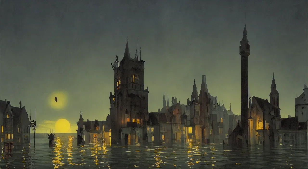 Prompt: a high contrast painting of a flooded ancient tower at night by edward hopper simon stalenhag carl spitzweg jan van eyck audubon rene magritte max ernst, full-length view, highly detailed, vibrant colors, extremely high contrast!, symmetry, great composition, high detail, cinematic lighting, award winning masterpiece, trending on artstation