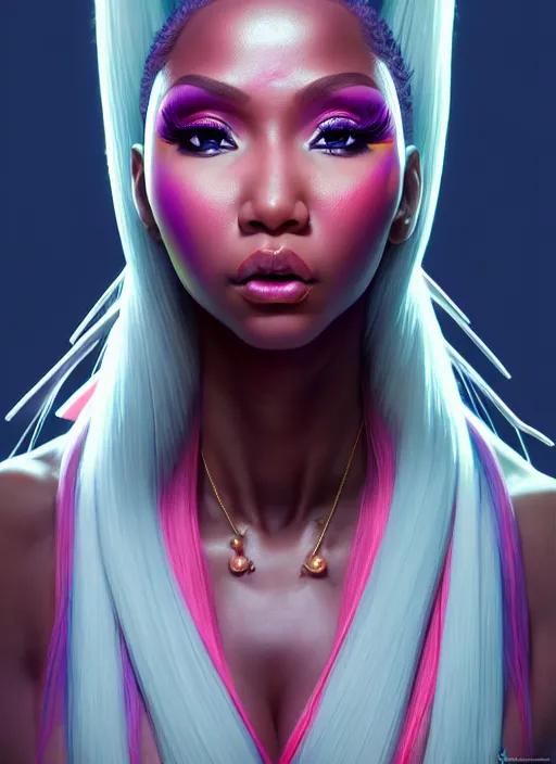 Image similar to nicki minaj, evangelion, au naturel, hyper detailed face, digital art, trending in artstation, cinematic lighting, studio quality, smooth render, unreal engine 5 rendered, octane rendered, art style by klimt and nixeu and ian sprigger and wlop and krenz cushart