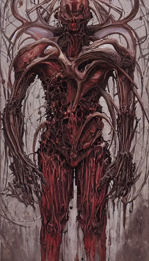 Prompt: Doom themed painting of symmetrical torso demon dissection anatomy with extended evil hands concept, intricate artwork by H.R. Giger, Johnatan Wayshak, Zdizslaw Beksinski, Ayami Kojima, Amano, Karol Bak, Moebius, and Mark Brooks, Neo-Gothic, gothic, rich deep colors, art by Takato Yamamoto, masterpiece, face by Artgerm, very coherent artwork, cinematic, hyper realism, high detail, octane render, unreal engine, 8k, High contrast, golden ratio, trending on cgsociety