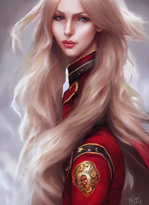 Prompt: a highly detailed illustration of beautiful long dirty blonde haired pale girl wearing red epaulette uniform, red eyes, dramatic smile pose, intricate, elegant, highly detailed, centered, digital painting, artstation, concept art, smooth, sharp focus, league of legends concept art, WLOP