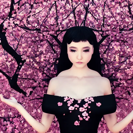 Image similar to beautiful girl in a dress made of black roses and cherry blossoms, beautiful portrait, symmetrical, character concept style trending on artstation concept art detailed octane render cinematic photo - realistic 8 k high detailed