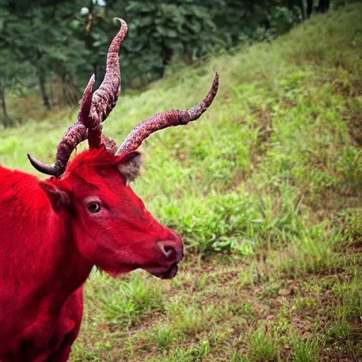 Prompt: red demon with horns, tail and cloven hooves picking blackberries