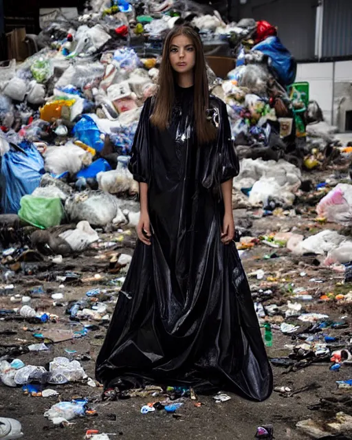 Prompt: a beautiful photo of a Young female with long hair and reflective eyes, Queen of trash wearing a gown made black and blue plastic trash bags and plastic bottles , surrounded by trash all around and in the background, top cinematic lighting , cinematic mood, very detailed, shot in canon 50mm f/1.2